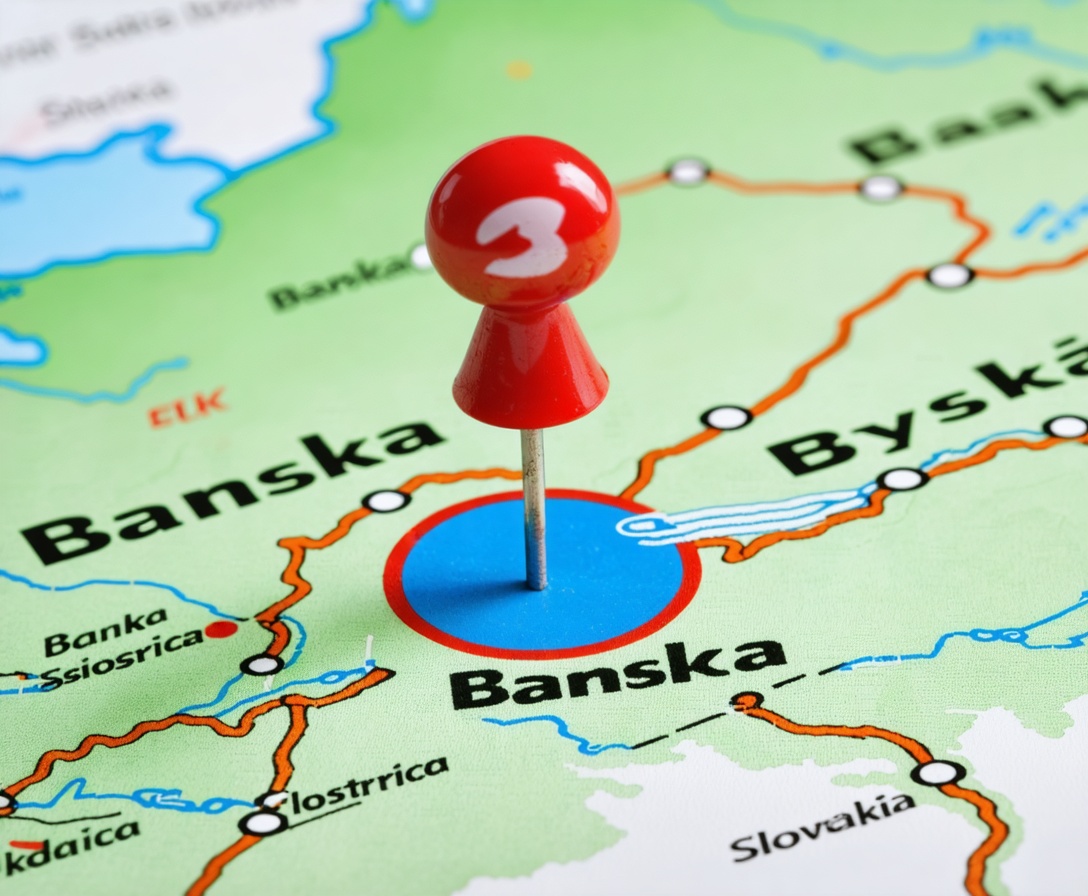 Mapa Banskej Bystrice s označením nášho sídla na Námestí SNP 10